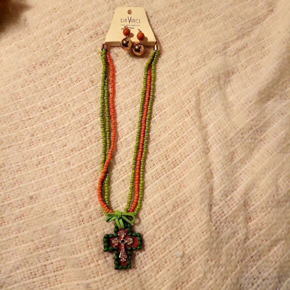 A beaded necklace  with a cross attached with leather Swarovski blue crystal - Picture 1 of 5